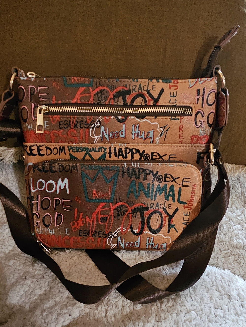 Graffiti Print Brown Crossbody Bag with Front Zip Pocket